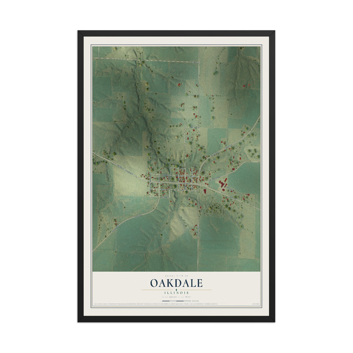 Map of Oakdale, Illinois, 12 x 18 inch print in a black wood frame