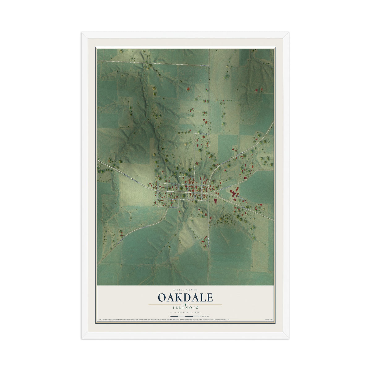 Map of Oakdale, Illinois, 12 x 18 inch print in a white wood frame