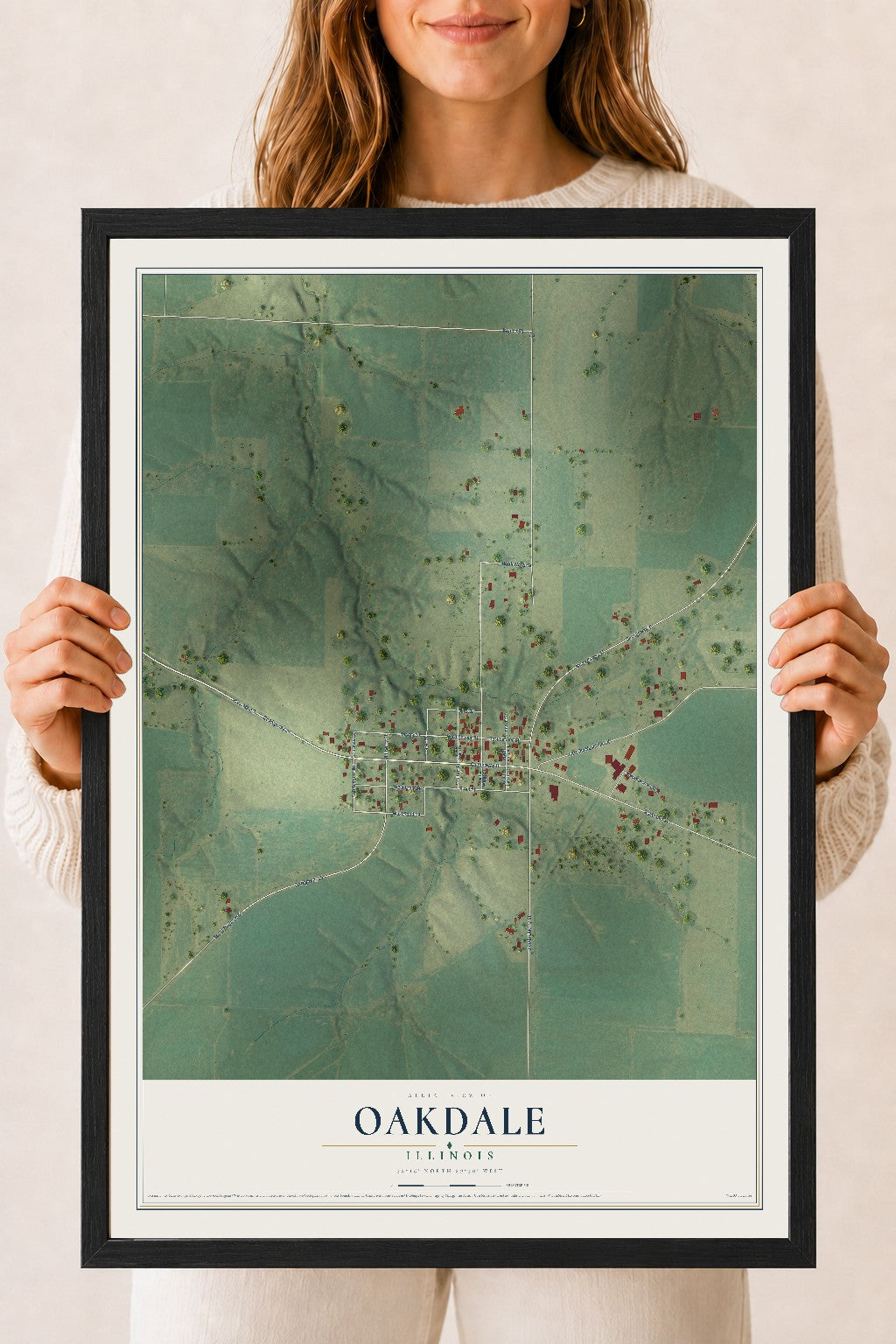 Map of Oakdale, Illinois, 18 x 24 inch print in a black wood frame