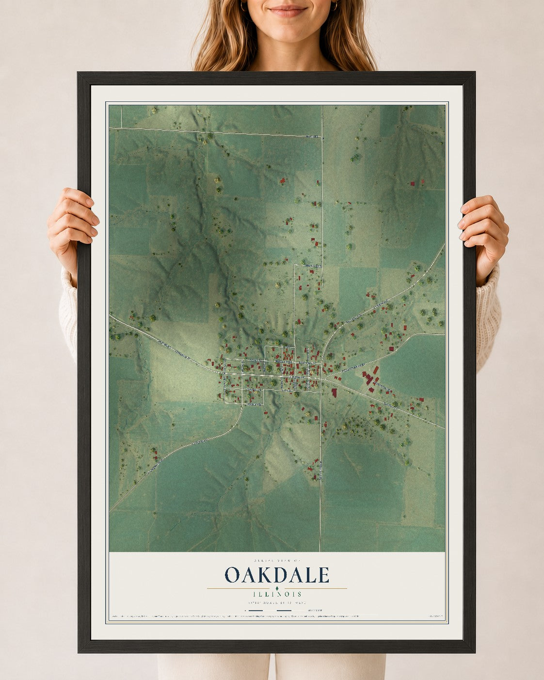 Map of Oakdale, Illinois, 24 x 36 inch print in a black wood frame