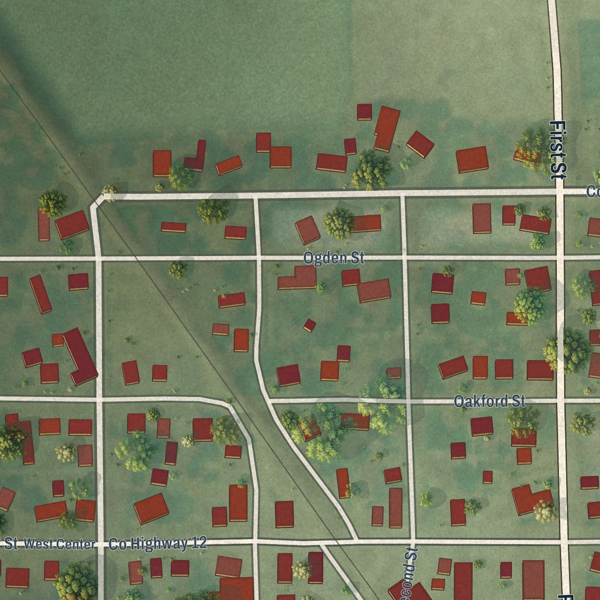 Close-up of the map of Oakford, Illinois print showing street and building detail