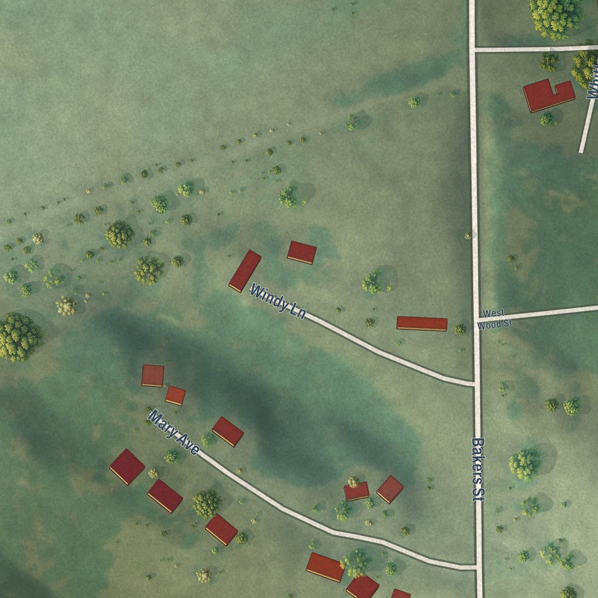 Second close-up of the map of Oakford, Illinois print showing more streets and buildings