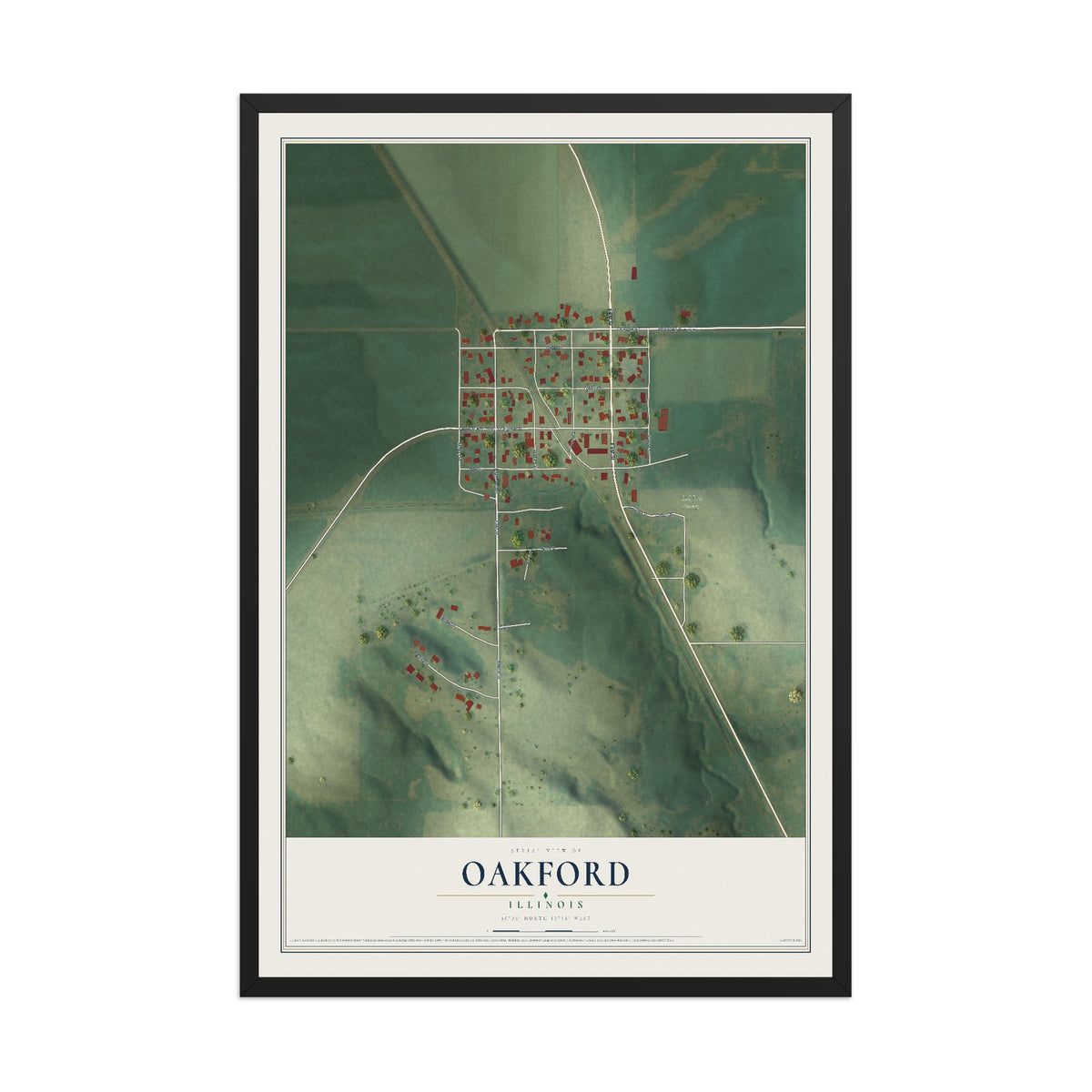 Map of Oakford, Illinois, 12 x 18 inch print in a black wood frame