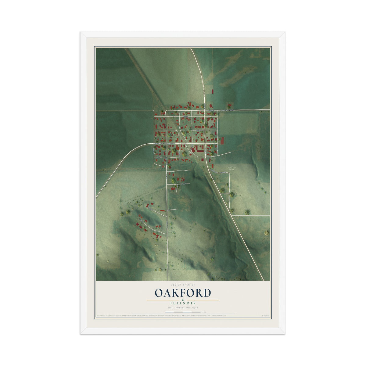 Map of Oakford, Illinois, 12 x 18 inch print in a white wood frame