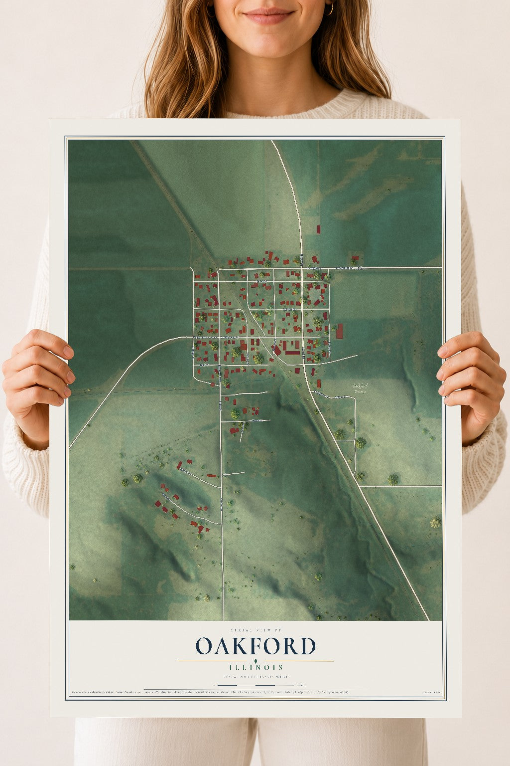 Map of Oakford, Illinois, 18 x 24 inch unframed archival matte print