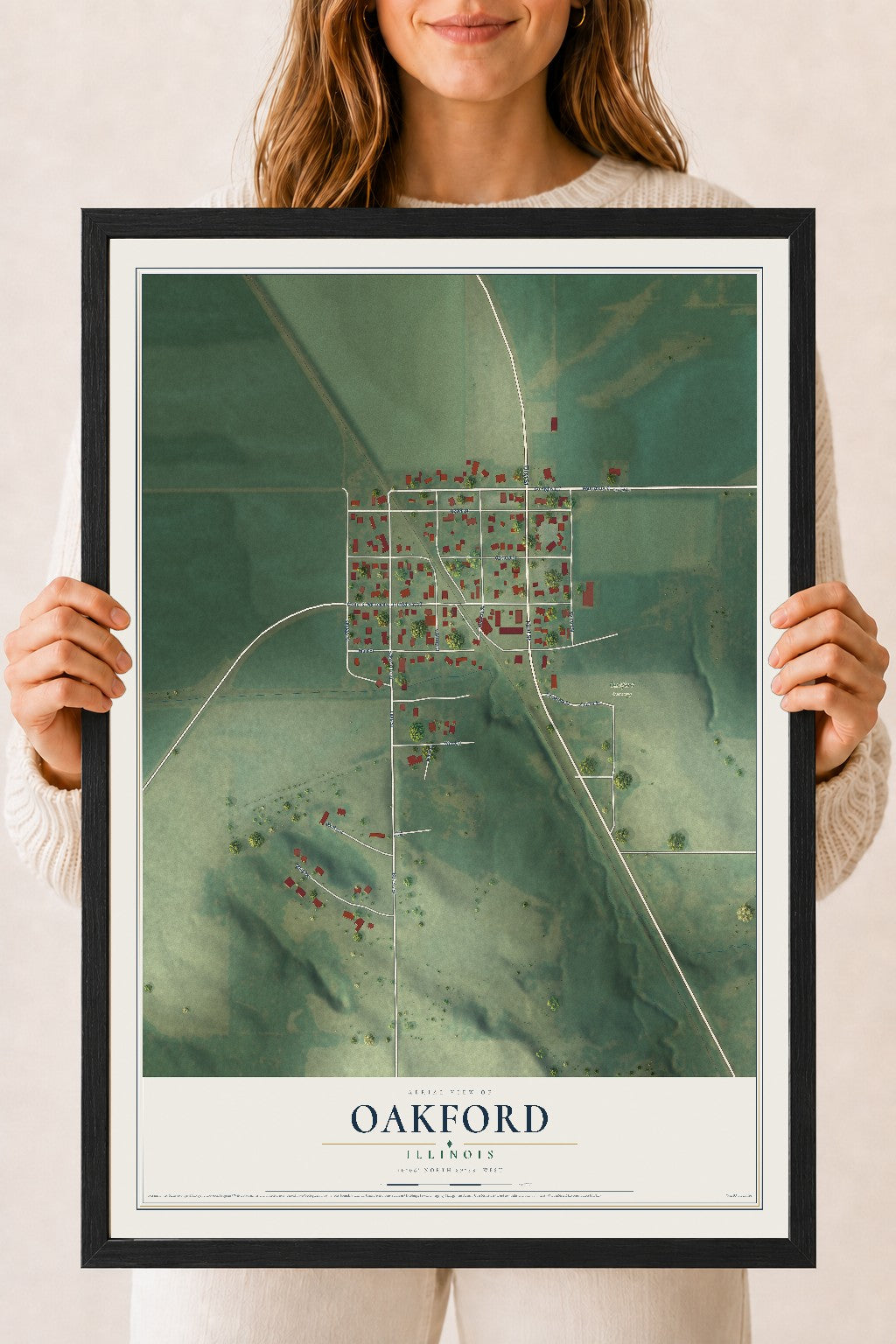 Map of Oakford, Illinois, 18 x 24 inch print in a black wood frame