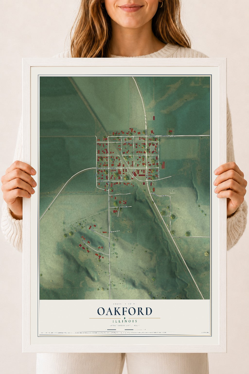 Map of Oakford, Illinois, 18 x 24 inch print in a white wood frame