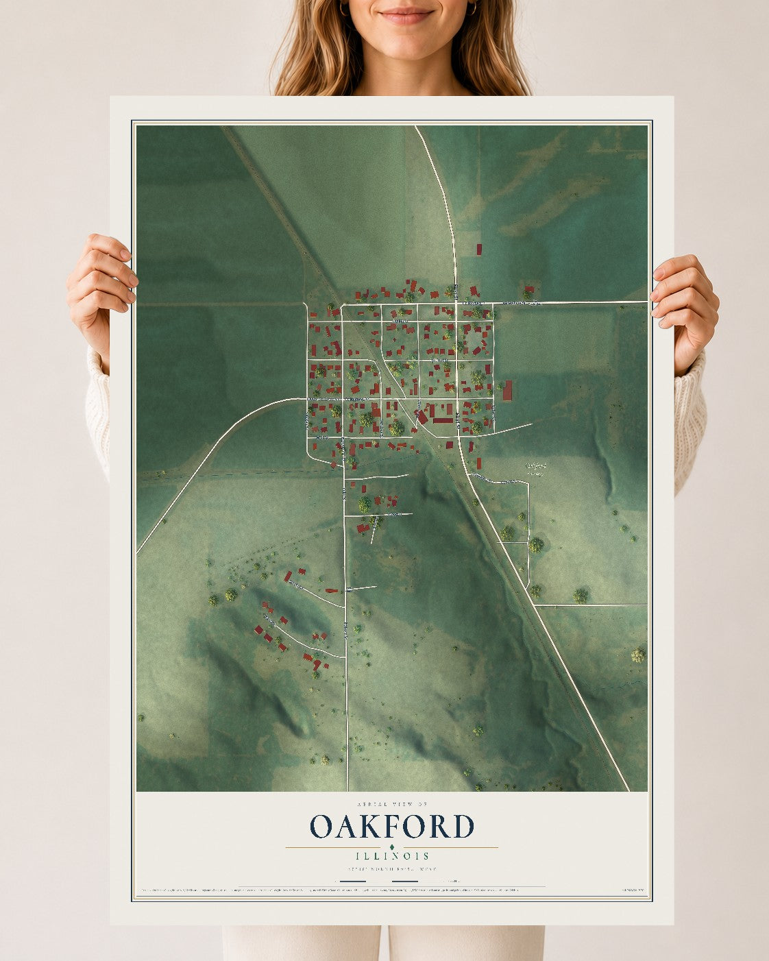 Map of Oakford, Illinois, 24 x 36 inch unframed archival matte print