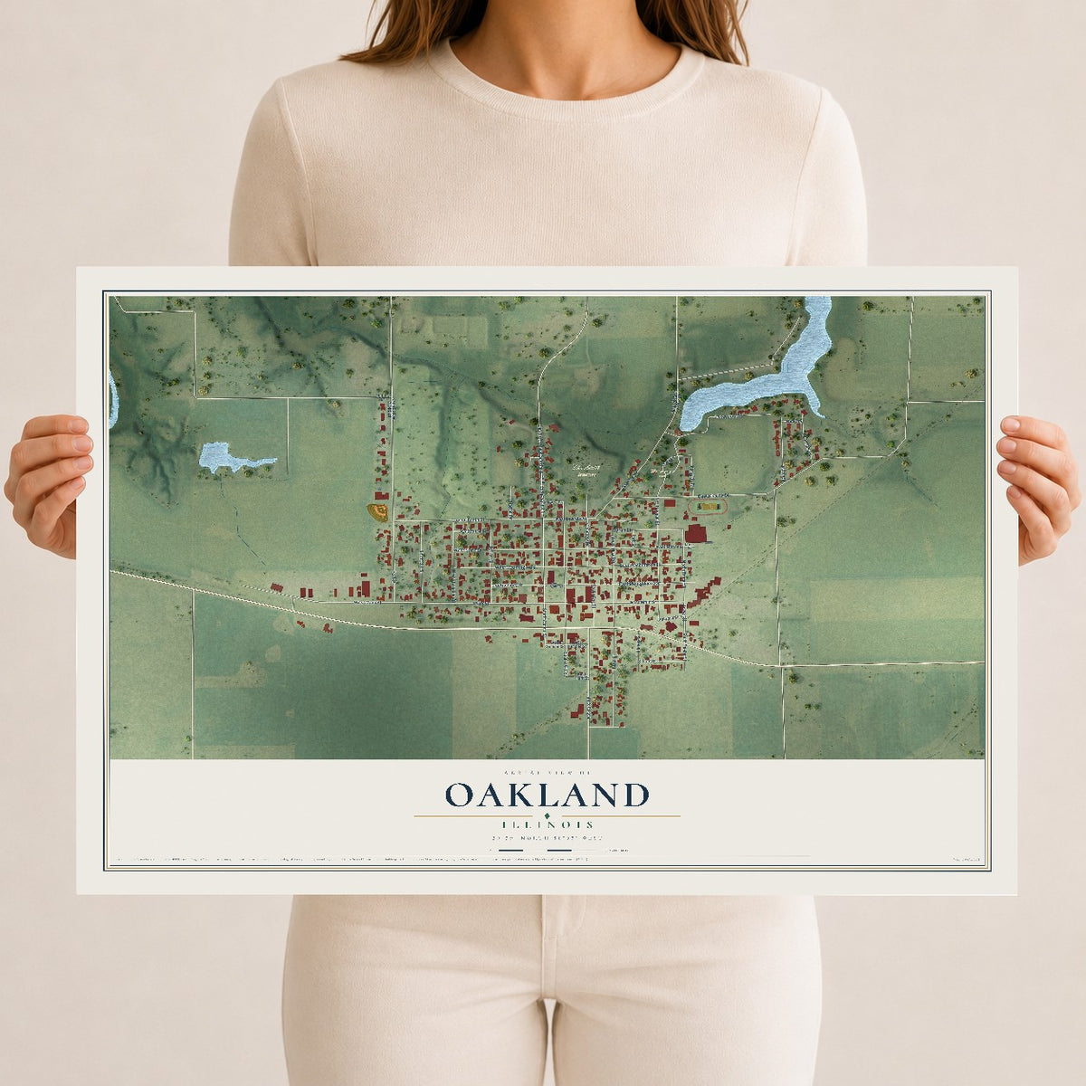 Map of Oakland, Illinois, 12 x 18 inch unframed archival matte print