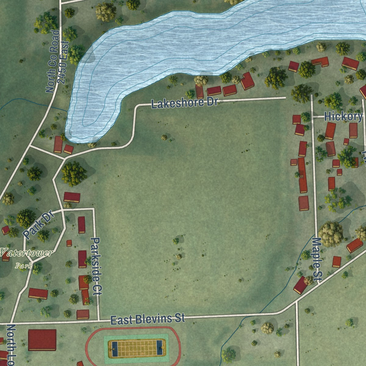 Second close-up of the map of Oakland, Illinois print showing more streets and buildings