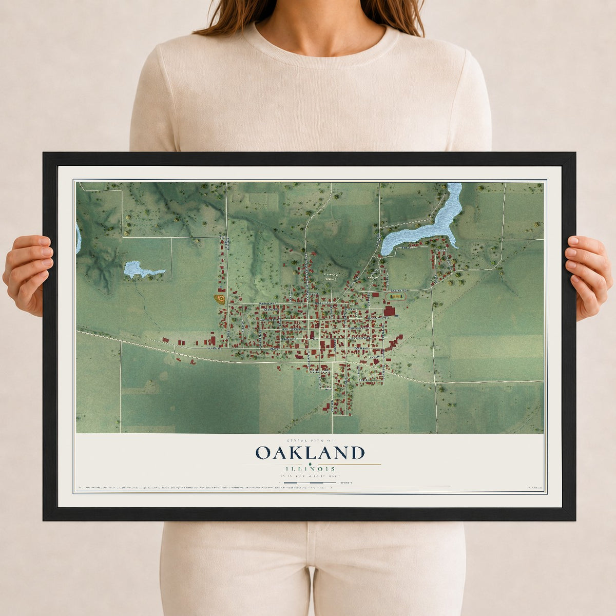 Map of Oakland, Illinois, 12 x 18 inch print in a black wood frame