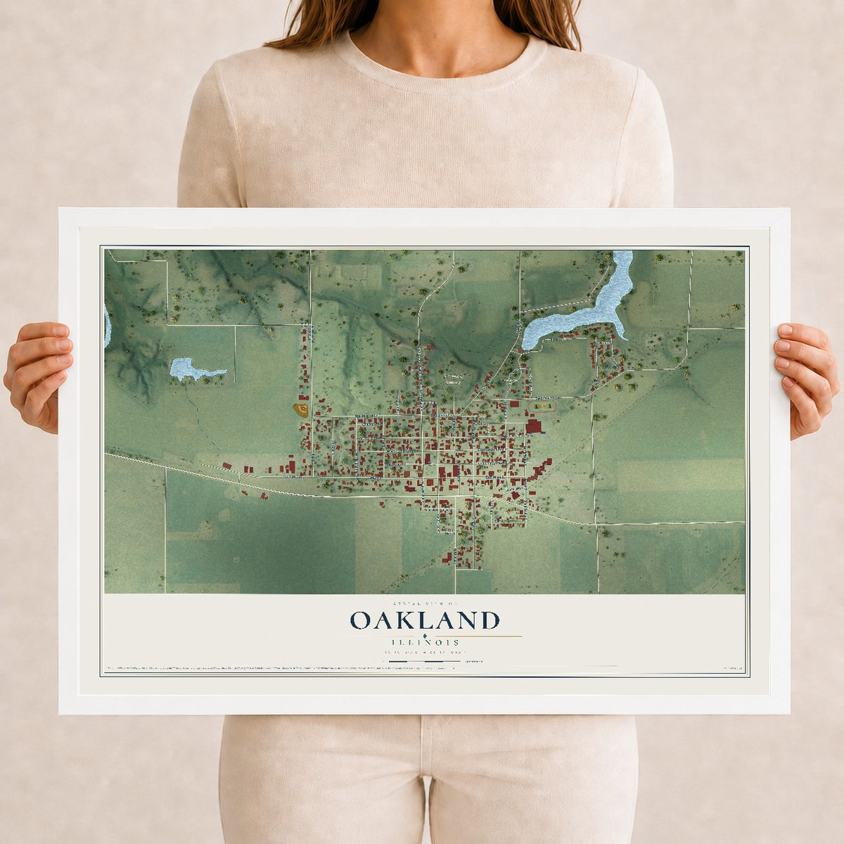 Map of Oakland, Illinois, 12 x 18 inch print in a white wood frame