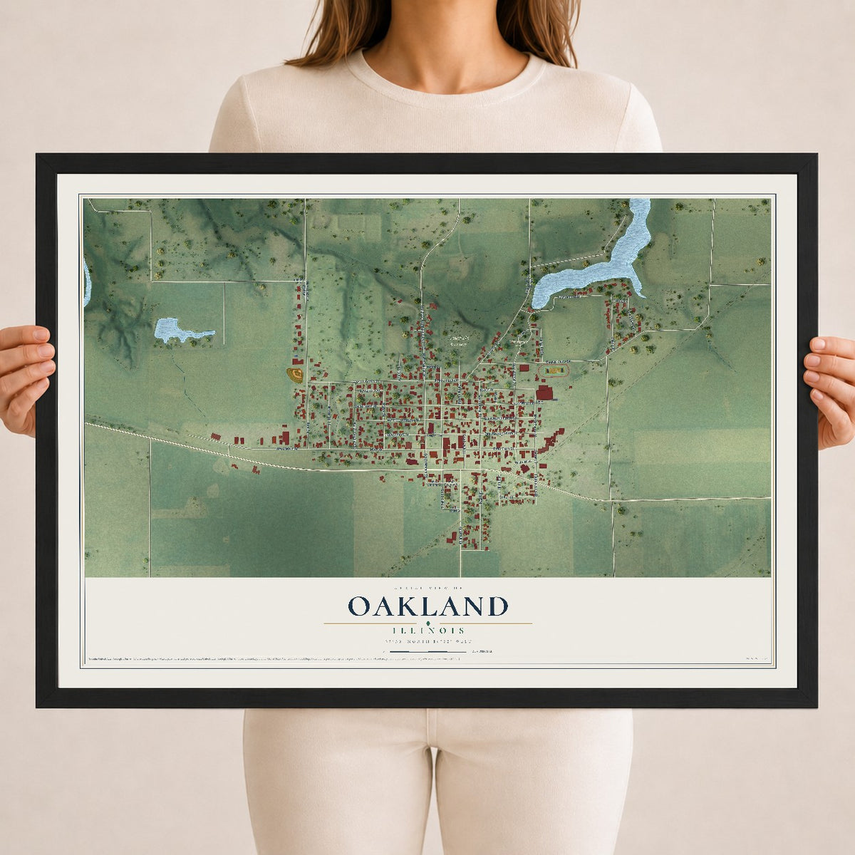 Map of Oakland, Illinois, 18 x 24 inch print in a black wood frame