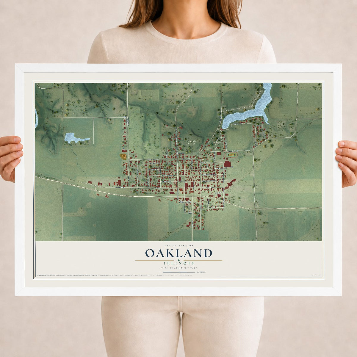 Map of Oakland, Illinois, 18 x 24 inch print in a white wood frame