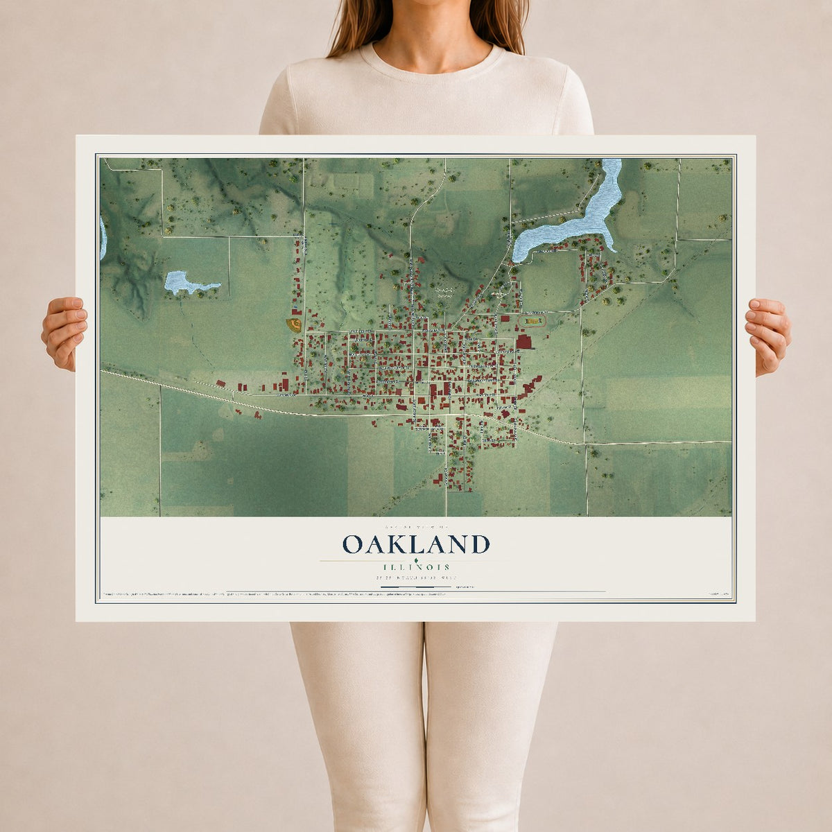 Map of Oakland, Illinois, 24 x 36 inch unframed archival matte print