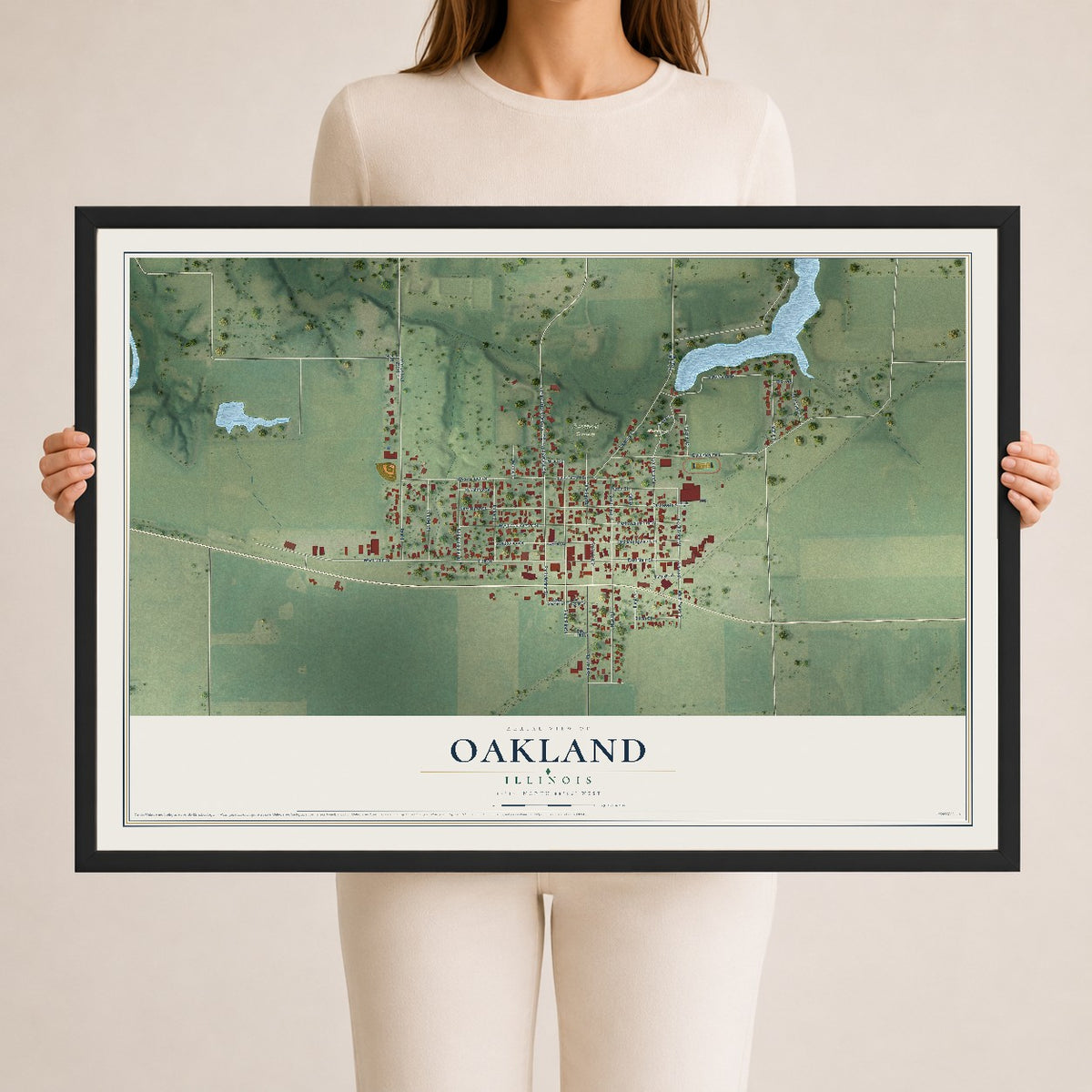 Map of Oakland, Illinois, 24 x 36 inch print in a black wood frame