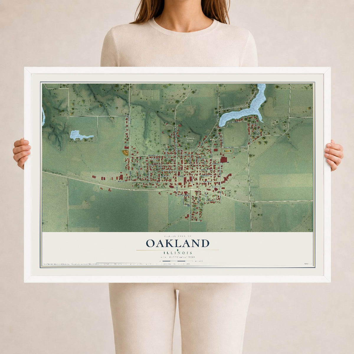 Map of Oakland, Illinois, 24 x 36 inch print in a white wood frame