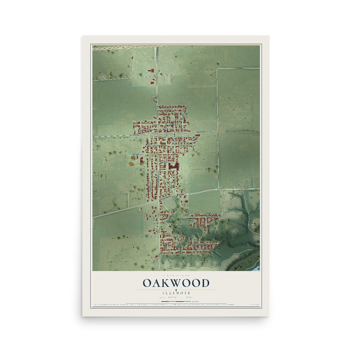 Map of Oakwood, Illinois, 12 x 18 inch unframed archival matte print
