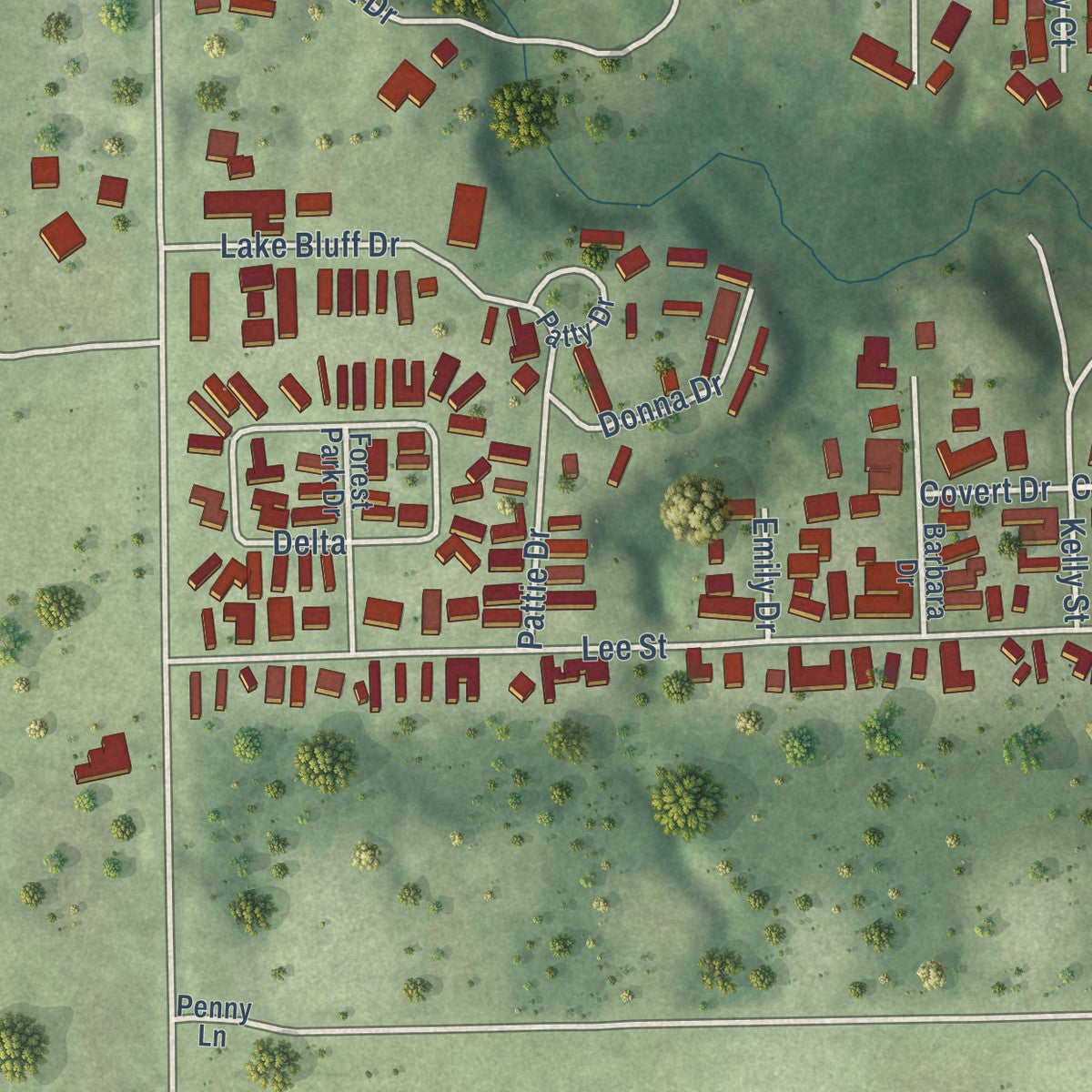 Second close-up of the map of Oakwood, Illinois print showing more streets and buildings