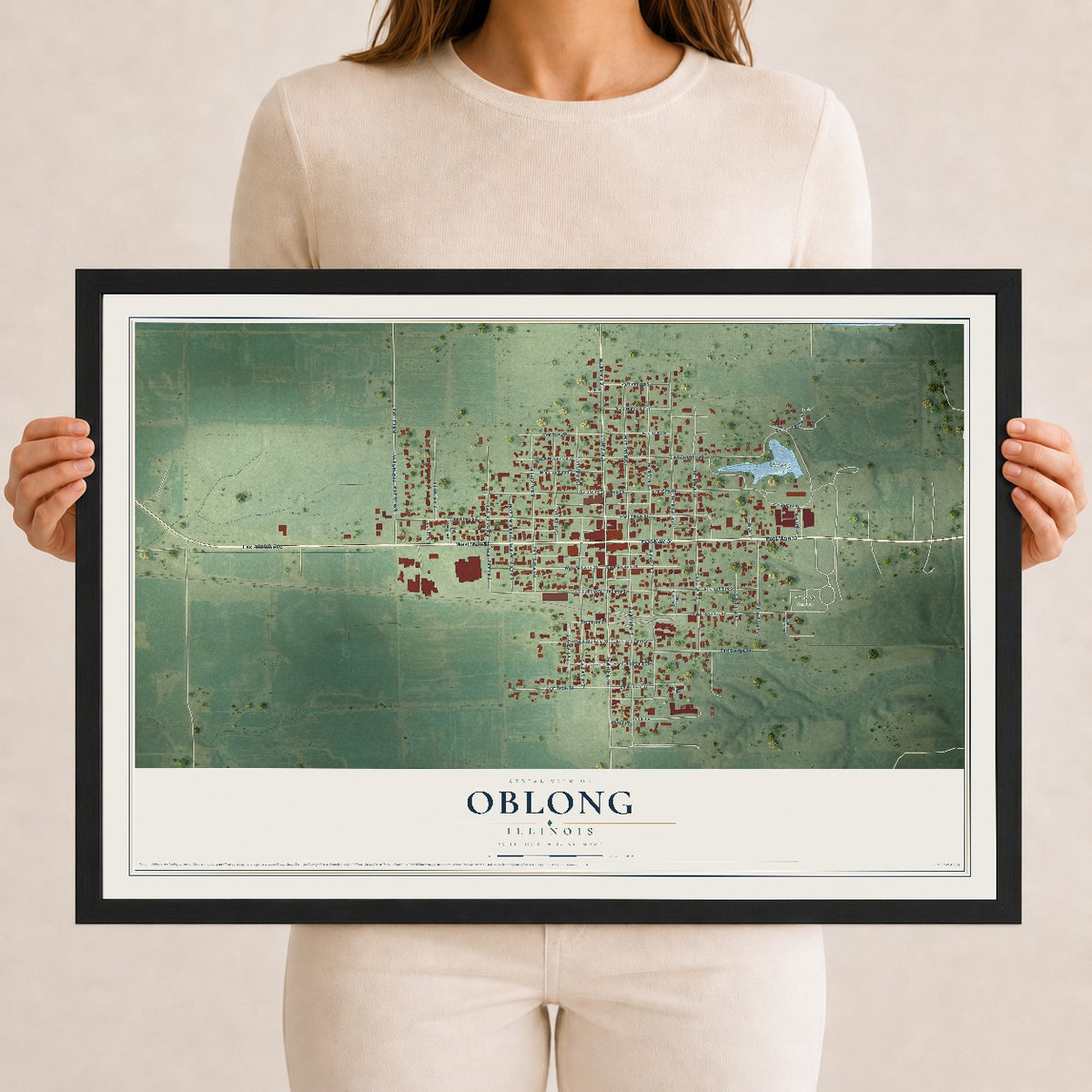 Map of Oblong, Illinois, 12 x 18 inch print in a black wood frame