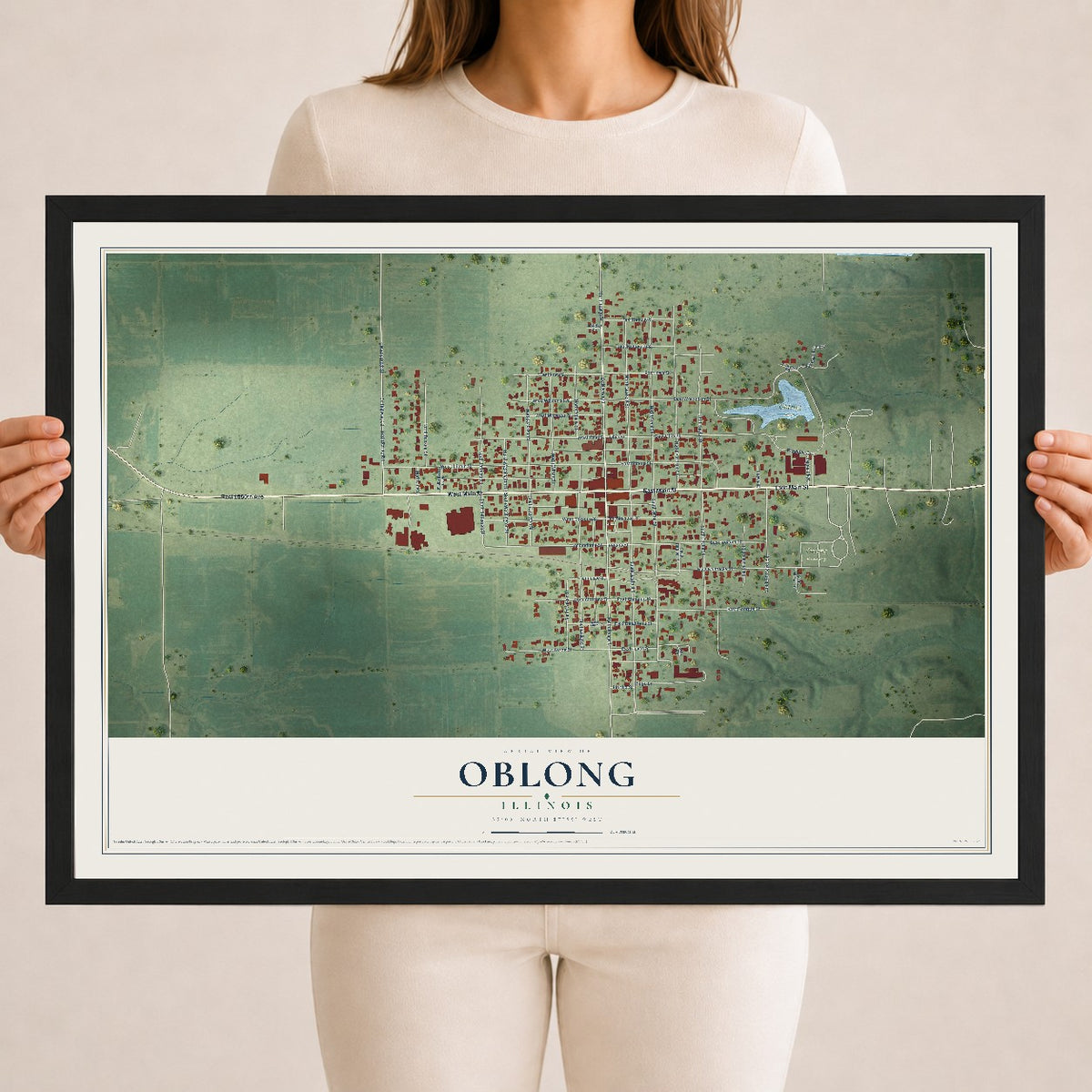 Map of Oblong, Illinois, 18 x 24 inch print in a black wood frame