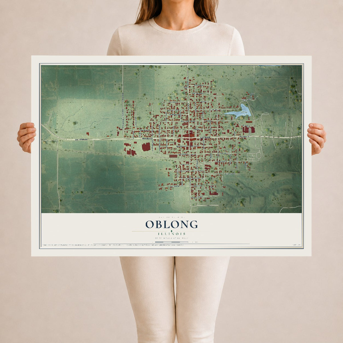 Map of Oblong, Illinois, 24 x 36 inch unframed archival matte print