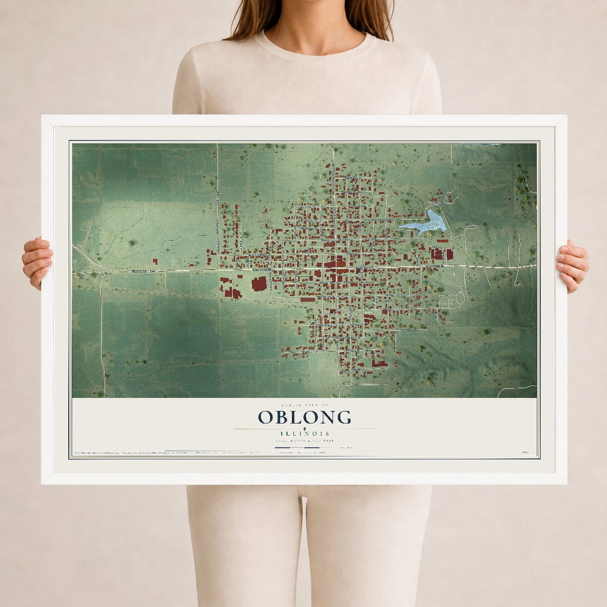 Map of Oblong, Illinois, 24 x 36 inch print in a white wood frame