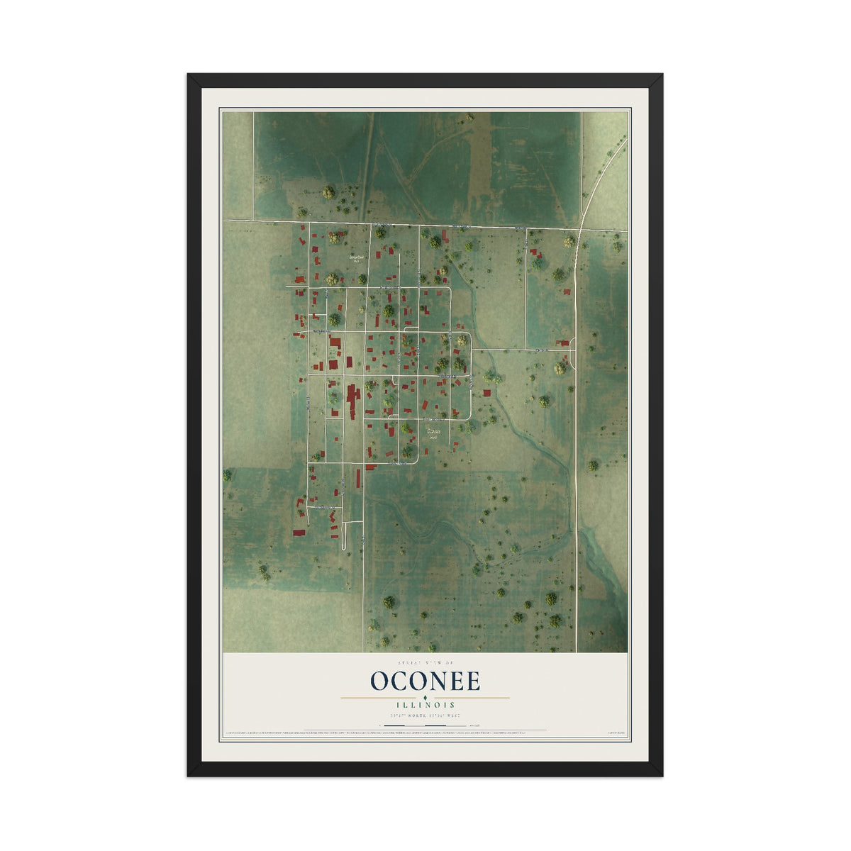 Map of Oconee, Illinois, 12 x 18 inch print in a black wood frame