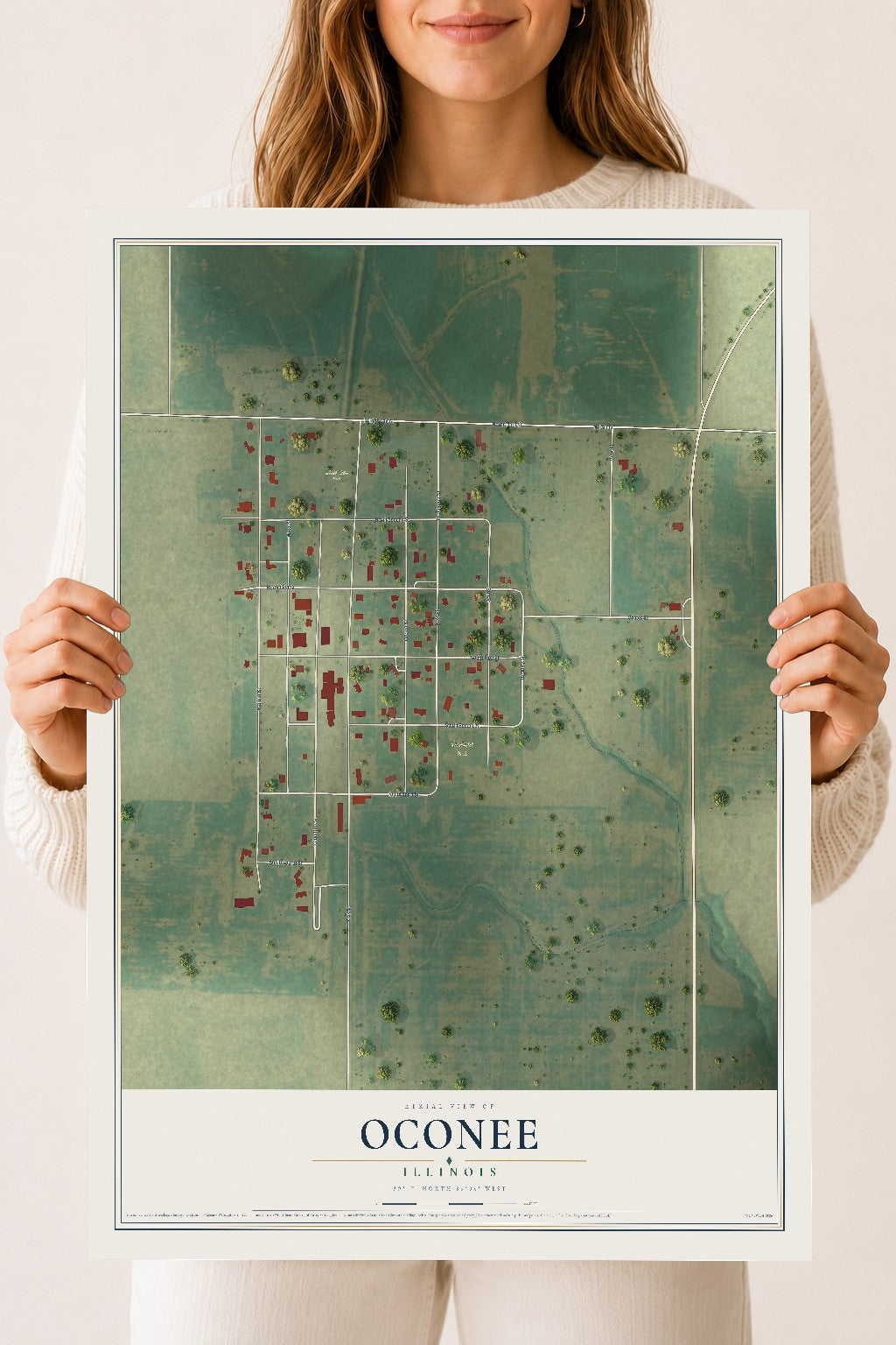 Map of Oconee, Illinois, 18 x 24 inch unframed archival matte print