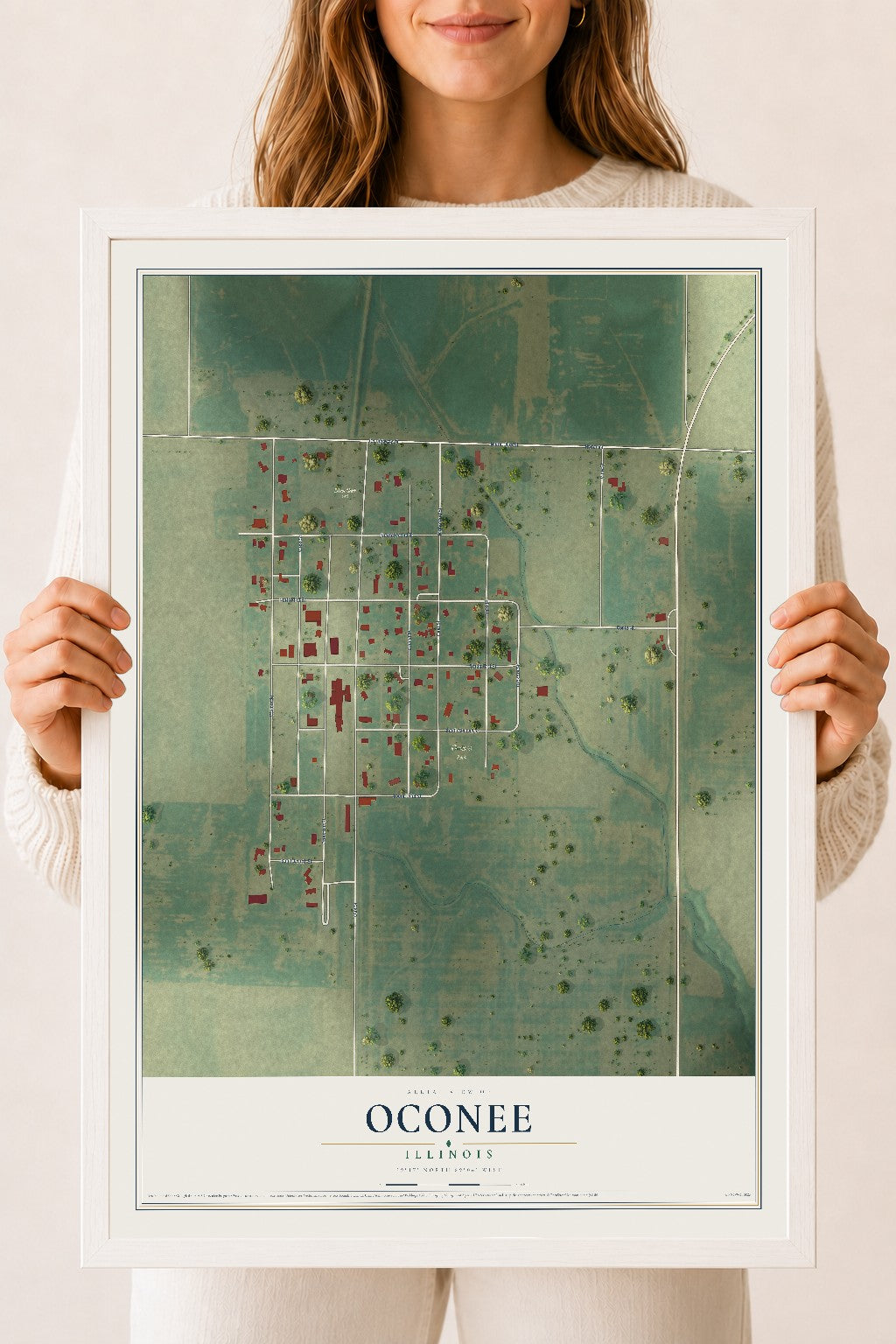 Map of Oconee, Illinois, 18 x 24 inch print in a white wood frame