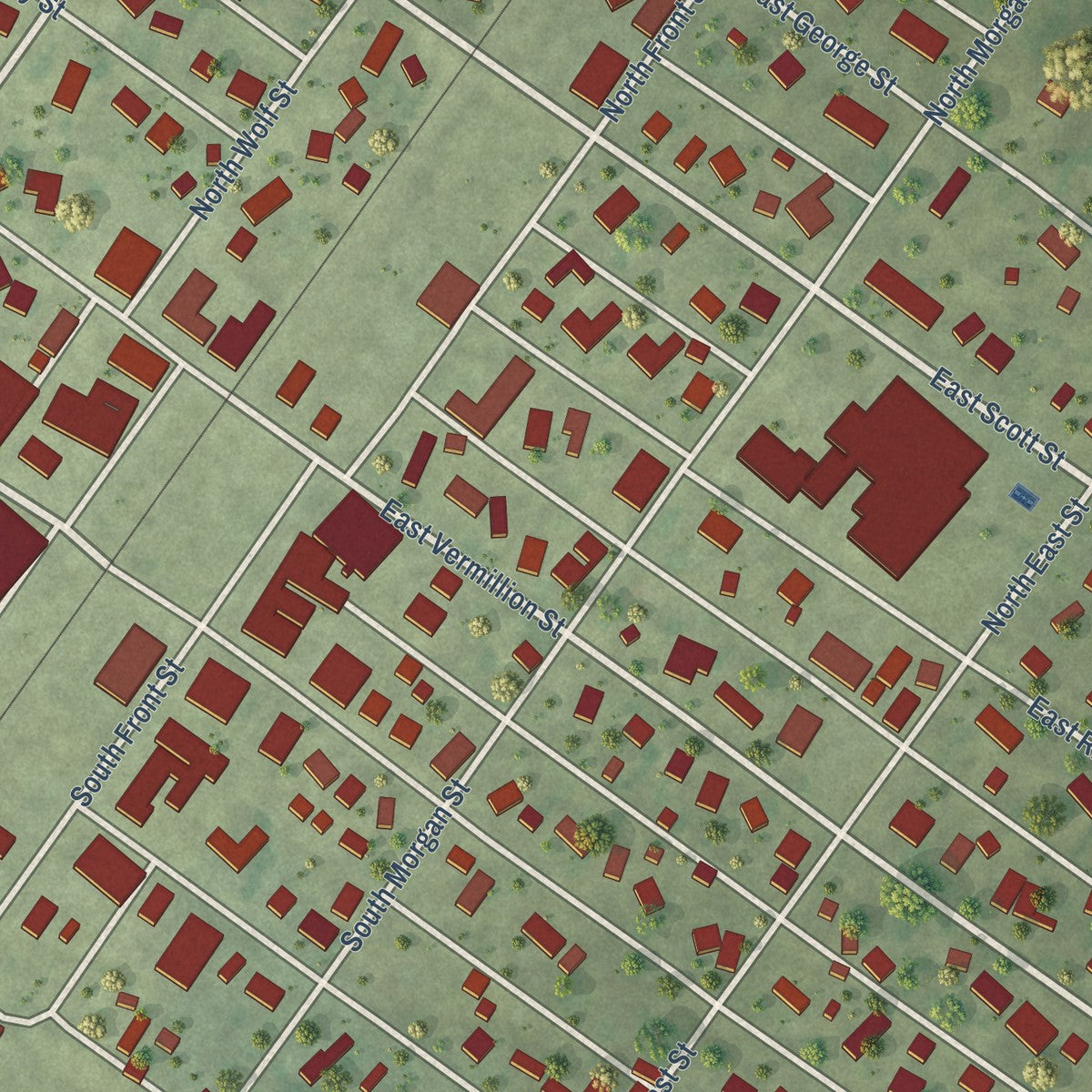 Close-up of the map of Odell, Illinois print showing street and building detail
