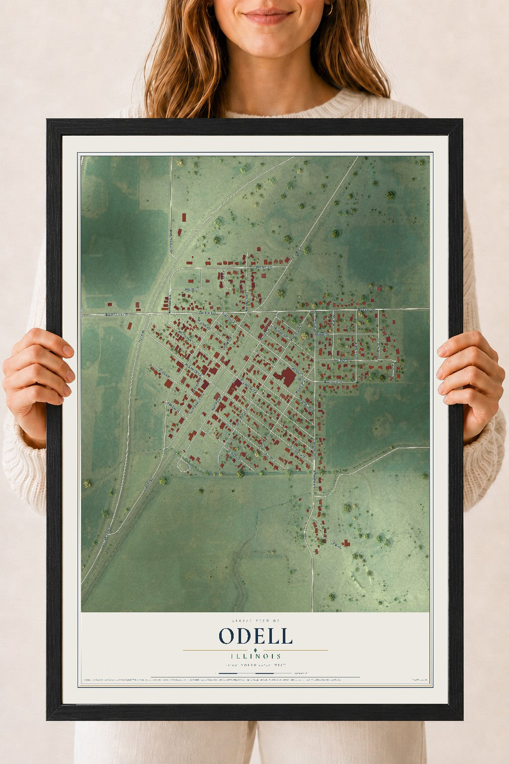 Map of Odell, Illinois, 18 x 24 inch print in a black wood frame