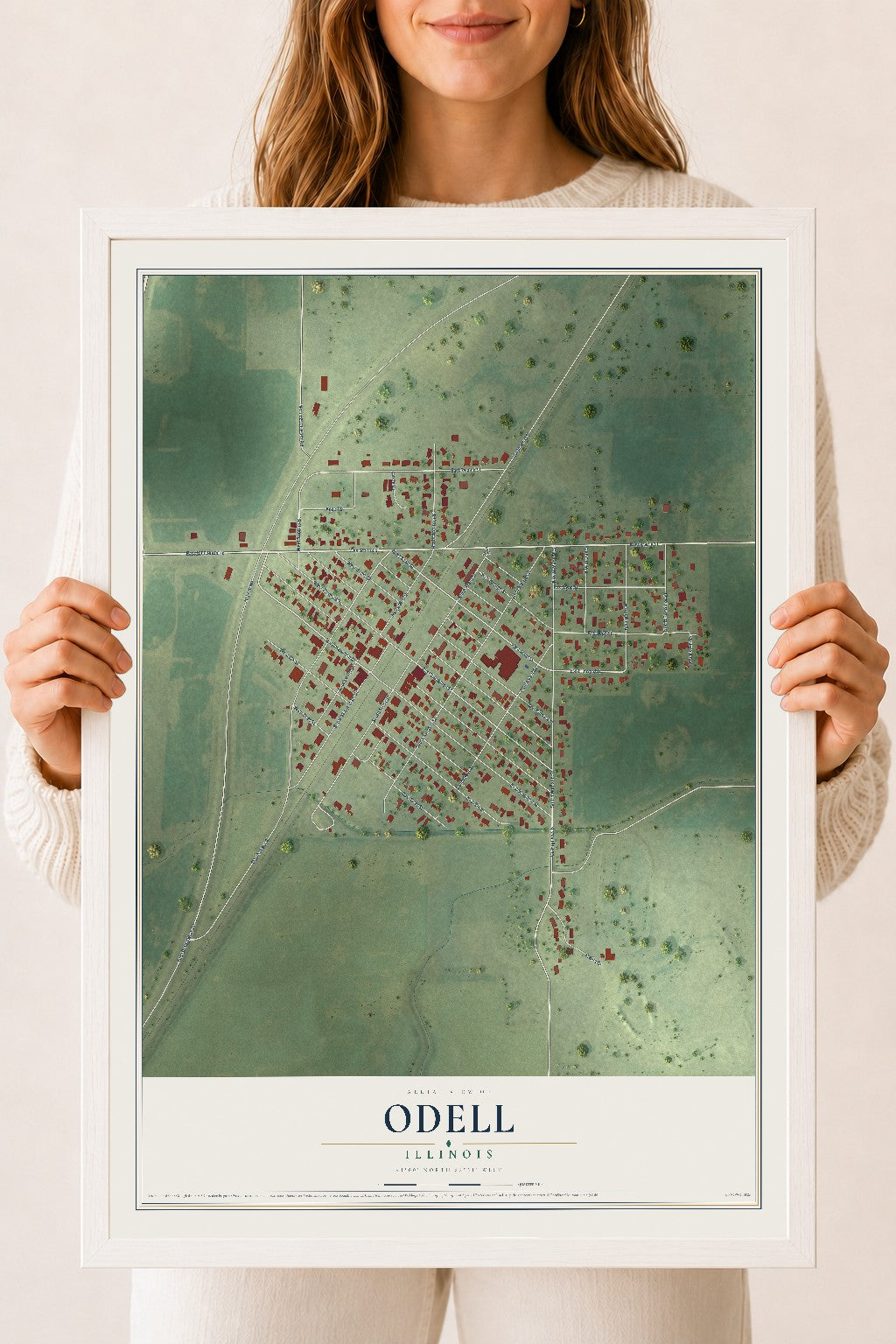 Map of Odell, Illinois, 18 x 24 inch print in a white wood frame