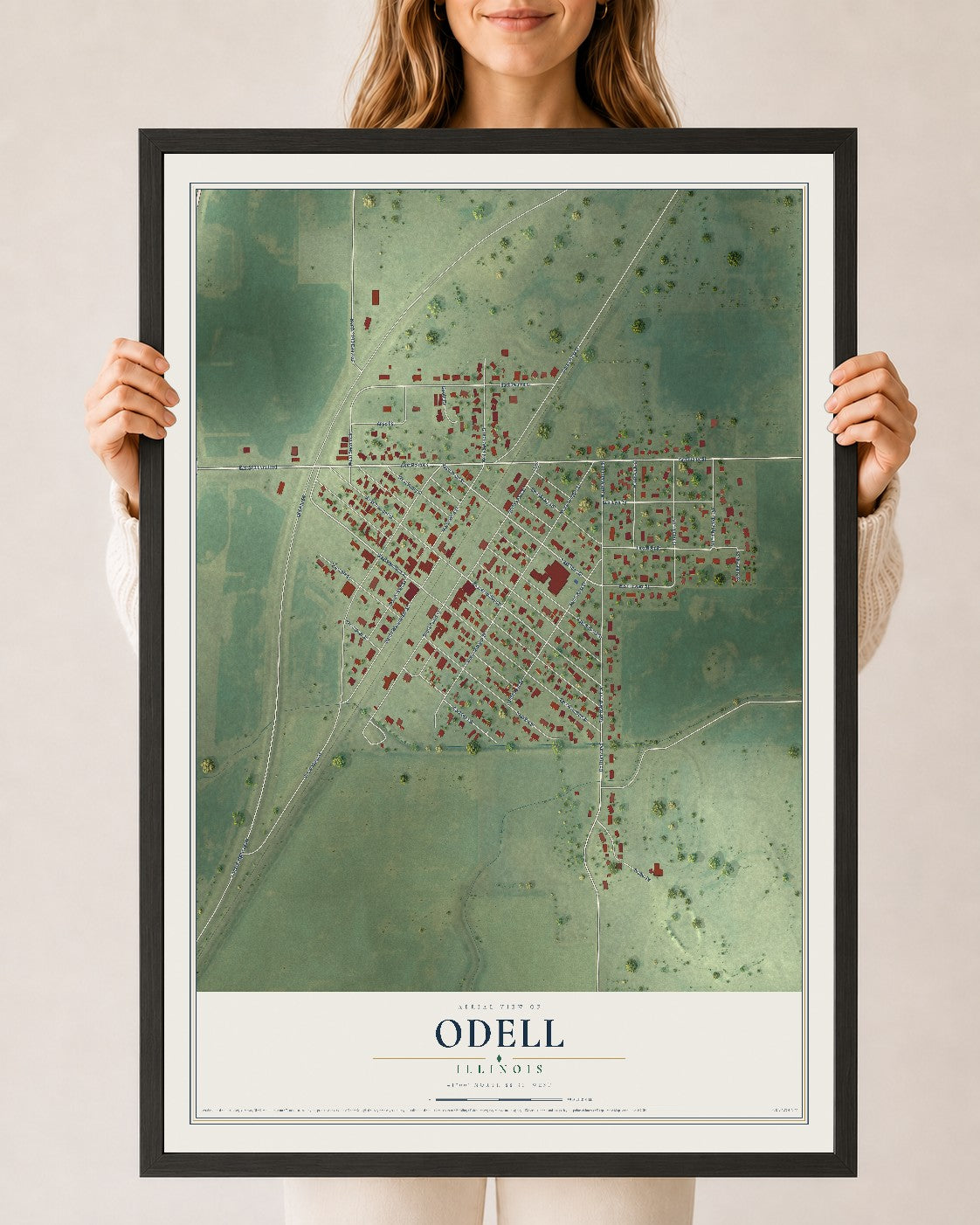 Map of Odell, Illinois, 24 x 36 inch print in a black wood frame