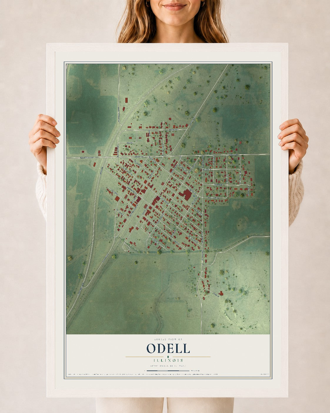 Map of Odell, Illinois, 24 x 36 inch print in a white wood frame