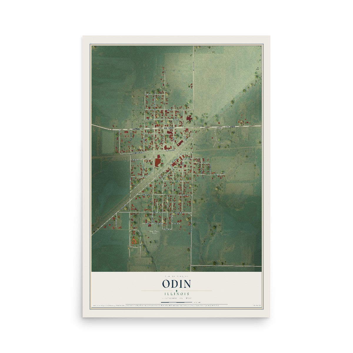 Map of Odin, Illinois, 12 x 18 inch unframed archival matte print