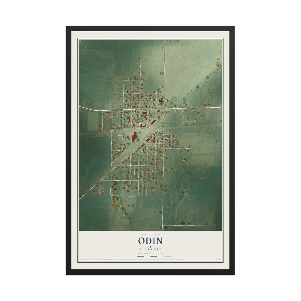 Map of Odin, Illinois, 12 x 18 inch print in a black wood frame
