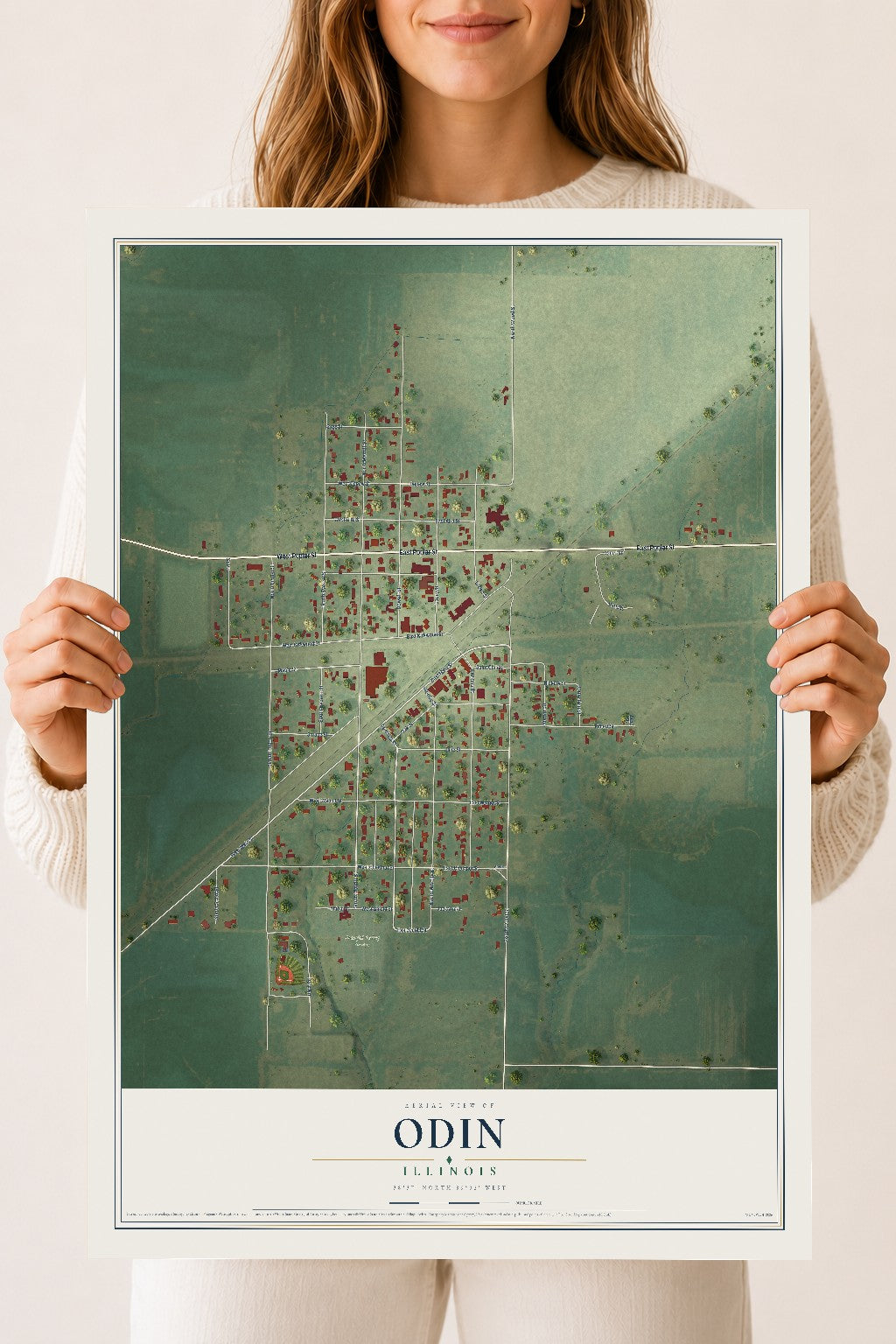 Map of Odin, Illinois, 18 x 24 inch unframed archival matte print