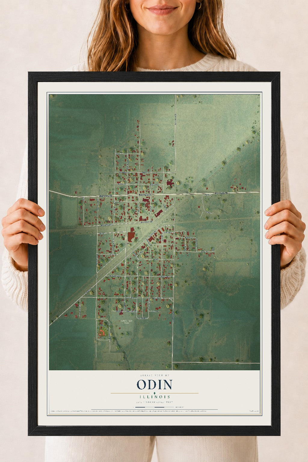 Map of Odin, Illinois, 18 x 24 inch print in a black wood frame