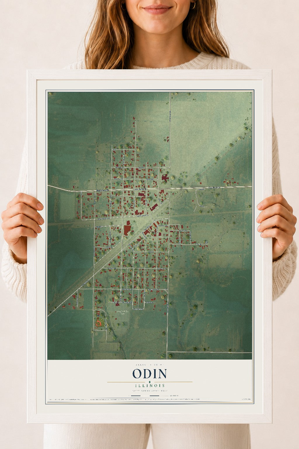 Map of Odin, Illinois, 18 x 24 inch print in a white wood frame