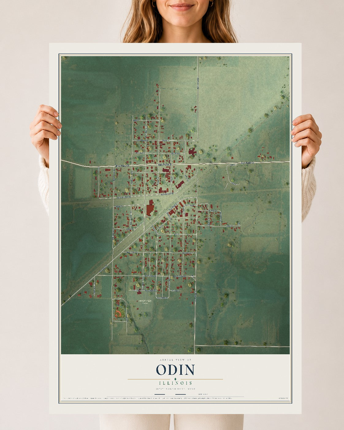 Map of Odin, Illinois, 24 x 36 inch unframed archival matte print