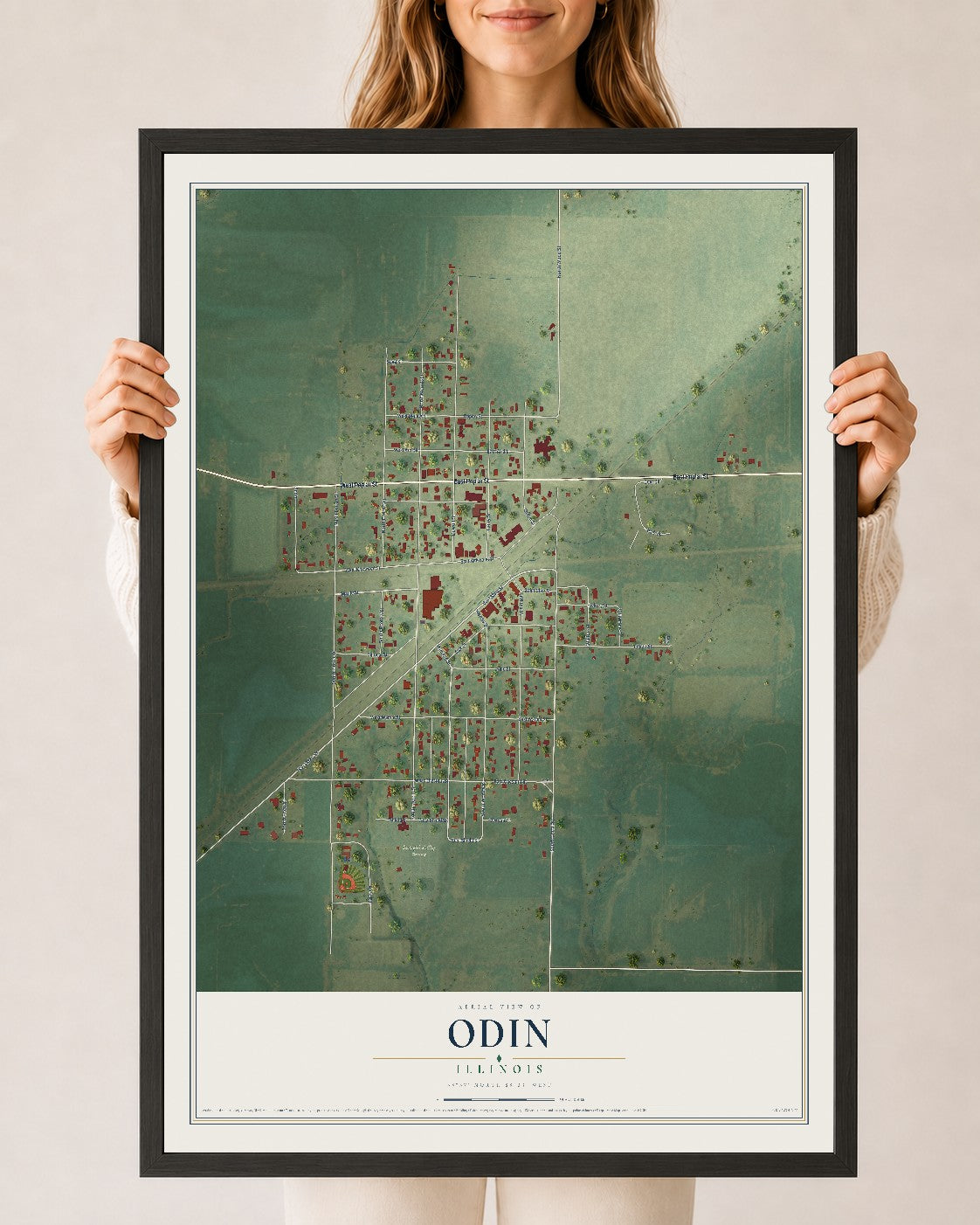 Map of Odin, Illinois, 24 x 36 inch print in a black wood frame