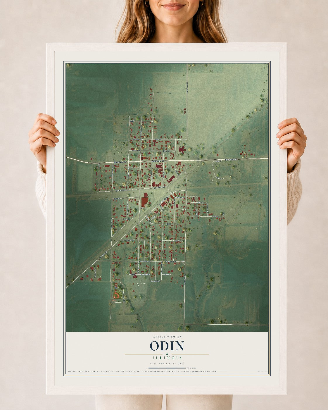 Map of Odin, Illinois, 24 x 36 inch print in a white wood frame