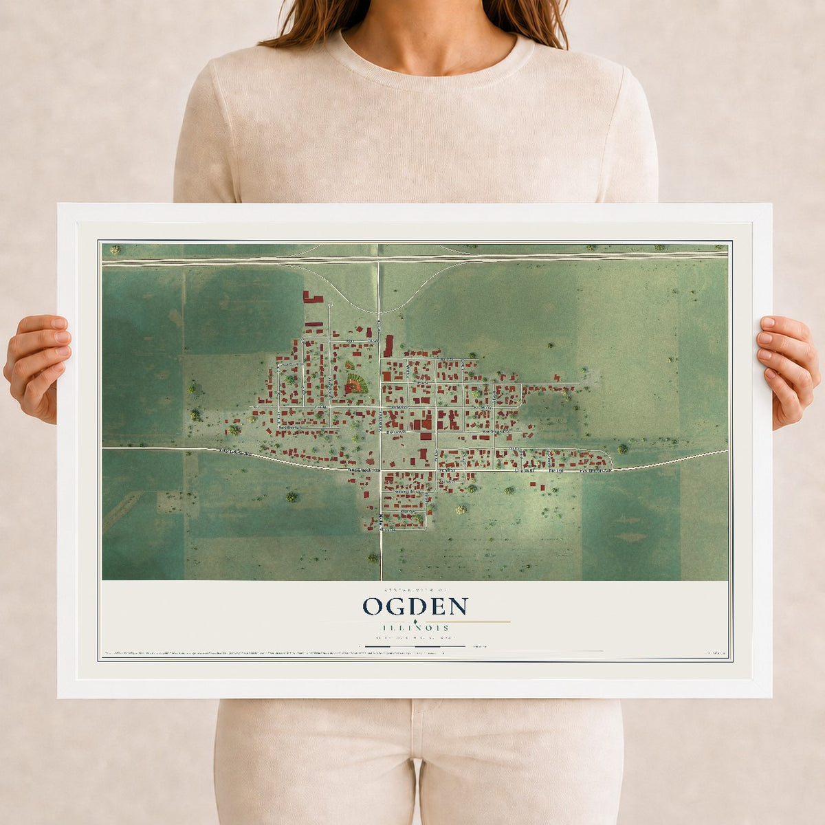 Map of Ogden, Illinois, 12 x 18 inch print in a white wood frame