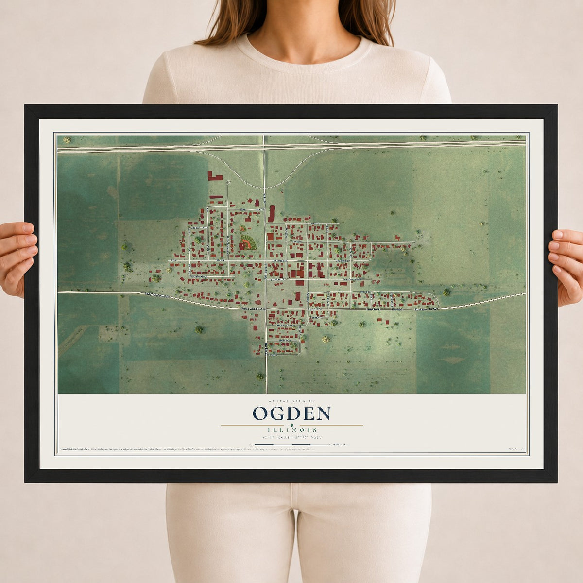 Map of Ogden, Illinois, 18 x 24 inch print in a black wood frame