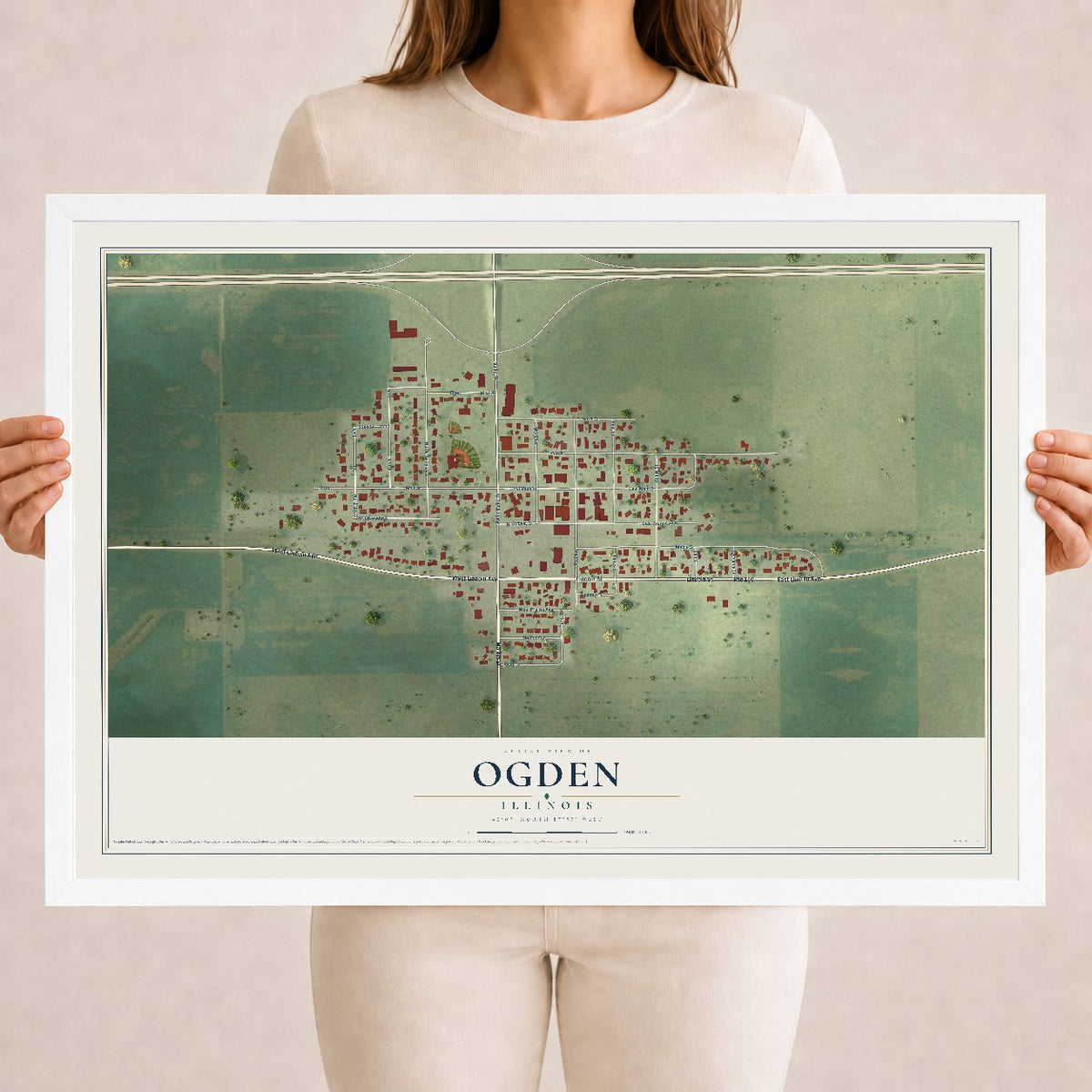 Map of Ogden, Illinois, 18 x 24 inch print in a white wood frame