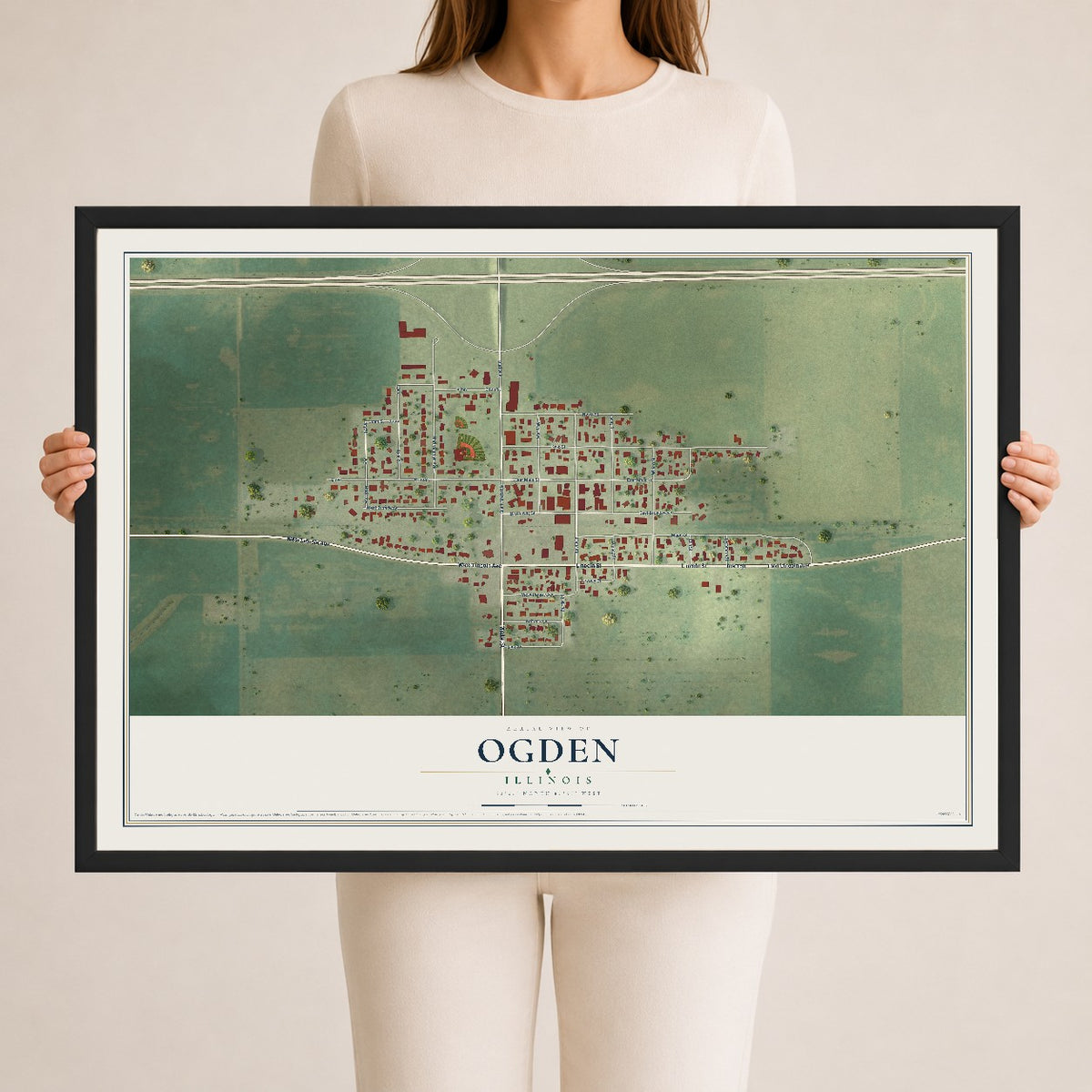 Map of Ogden, Illinois, 24 x 36 inch print in a black wood frame