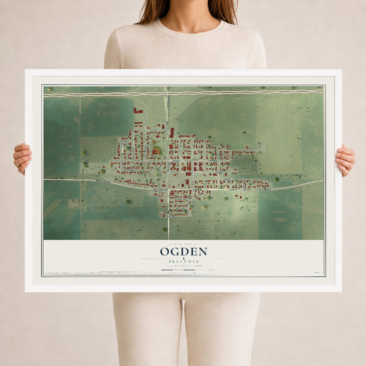 Map of Ogden, Illinois, 24 x 36 inch print in a white wood frame