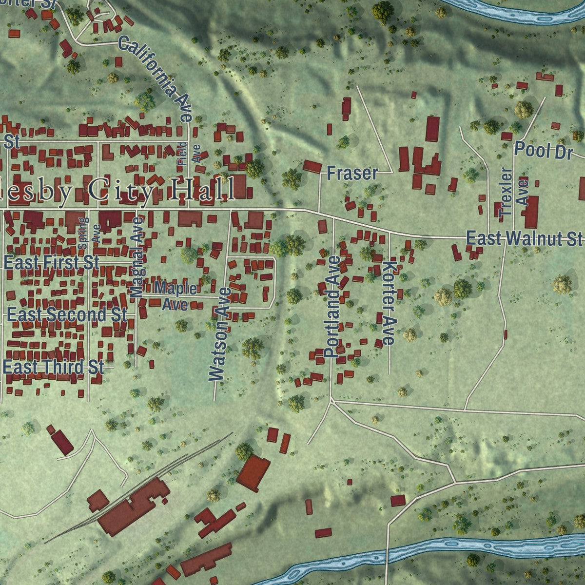 Second close-up of the map of Oglesby, Illinois print showing more streets and buildings