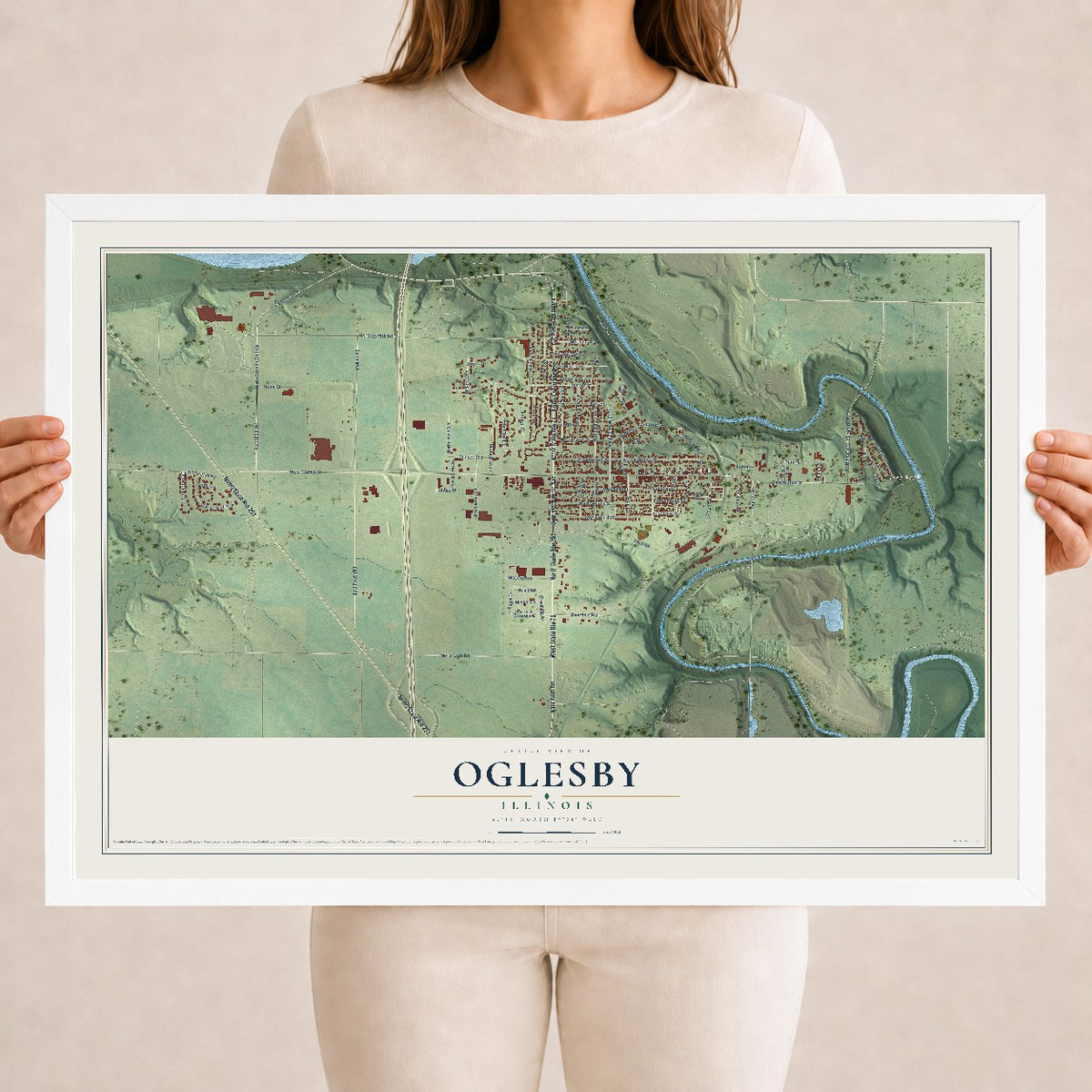 Map of Oglesby, Illinois, 18 x 24 inch print in a white wood frame